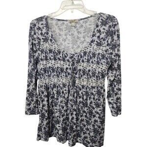 One World Womens Top Medium Purple Floral Pullover Smocked Lace Up Neck Knit